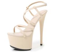 WAATRBV 17CM/6.69IN wasserdichte Nachtclub Sexy Pole Tanzen High Heel Sandalen Offene Zehe Stiletto Knöchelriemen Frauen Bequeme High Heels,Beige,39 EU