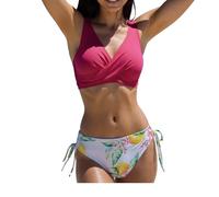 wadizo Damen Bikini Set Sexy Twist Front Lace Up Bikini Wickel Bademode Blumenmuster Push Up Zweiteiliger Badeanzug Strandbikini Swimsuit (Rot, S)