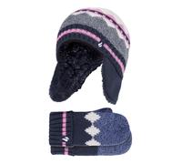 Wärmehalter - Girls Nordic Pattern Fairisle Design Trappermütze mit Pom Pom und Fäustlinge Handschuhe Set - Navy 4-6A / 104-116cm