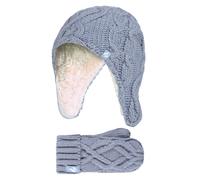 Wärmehalter - Mädchen Majestic Soft Cosy Kabel gestrickt Design Bobble Trapper Hut und Handschuhe Handschuhe Set - Dusty Blue 4-6A / 104-116cm