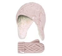 Wärmehalter - Mädchen Majestic Soft Cosy Kabel gestrickt Design Bobble Trapper Hut und Handschuhe Handschuhe Set - Dusky Pink 4-6A / 104-116cm
