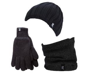 Wärmehalter - Thermische Wintermütze, Halswärmer und Handschuhe aus Fleece für Männer - Schwarz L/XL