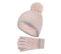Wärmehalter - Thermoisolierte Pom Pom Bommelmütze und Handschuhe für Mädchen | bunte Pastellfarben - Altrosa 7-10A / 122-140cm