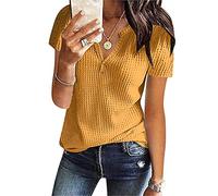 Waffelstrick T Shirt Damen V Ausschnitt - Sommer Oberteile Damen Kurzarm Gestrickte Streifen Tunika Bluse Große Größen Casual Lose Tshirt Kurzarmshirt Stilvolle Tops T-Shirts & Blusen für Frauen