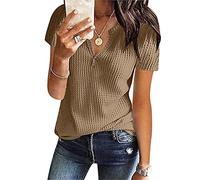 Waffelstrick T Shirt Damen V Ausschnitt - Sommer Oberteile Damen Kurzarm Gestrickte Streifen Tunika Bluse Große Größen Casual Lose Tshirt Kurzarmshirt Stilvolle Tops T-Shirts & Blusen für Frauen