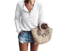 Waffelstrick Tshirt Damen Pullover Herbst Langarmshirt Casual V Ausschnitt Loose Oberteil mit Knopfleiste Winter Sport Basic Tops Henley Leicht Sweatshirt Elegante Waffe Langarmshirt