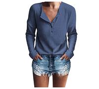 Waffelstrick Tshirt Damen Pullover Herbst Langarmshirt Casual V Ausschnitt Loose Oberteil mit Knopfleiste Winter Sport Basic Tops Henley Leicht Sweatshirt Elegante Waffe Langarmshirt
