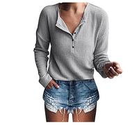 Waffelstrick Tshirt Damen Pullover Herbst Langarmshirt Casual V Ausschnitt Loose Oberteil mit Knopfleiste Winter Sport Basic Tops Henley Leicht Sweatshirt Elegante Waffe Langarmshirt