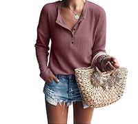 Waffelstrick Tshirt Damen Pullover Herbst Langarmshirt Casual V Ausschnitt Loose Oberteil mit Knopfleiste Winter Sport Basic Tops Henley Leicht Sweatshirt Elegante Waffe Langarmshirt