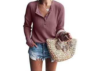 Waffelstrick Tshirt Damen Pullover Herbst Langarmshirt Casual V Ausschnitt Loose Oberteil mit Knopfleiste Winter Sport Basic Tops Henley Leicht Sweatshirt Elegante Waffe Langarmshirt