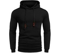 Waffle Knit Hoodie Herren Kapuzenpullover Casual Langarm Karierten Kordelzug Jacquard Hooded Sweat mit Fleece Innenseite Schwarz XL