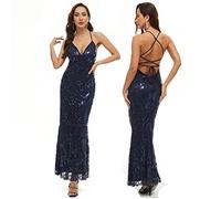 WAGDOD Ballkleid, Frauen Sommerkleider aus der Schulter, High Low A Line Elegant Rundhalsausschnitt Kleid, Sexy Party Kleid, Cocktailkleid für Hochzeitsgäste Party,Blau,XL