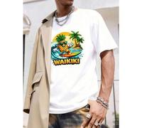 Waikiki Pineapple Surf Graphic Crew Neck Tee, Loose Fit, Casual, Relaxed Fit, Unique Graphic Print