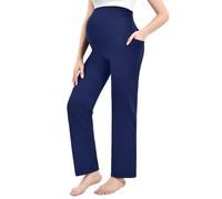 Walifrey Umstandshose Damen Weitem Bein mit Taschen, Schwangerschaft Umstandsmode Lässig Lose Gerade Bein Hosen Marineblau M