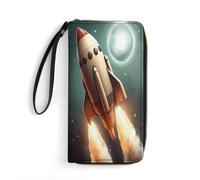 Wallet Rocket Flying Into Space Printed Leather Wallets Card Holder With Wrist Strap Suitable for Both Men And Women, Rocket Flying Into Space, 19.8 x 10.4 x 2.5 cm, Modern, Rakete fliegt in den