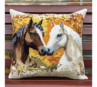 Wallphantom Herbstwald Kreuzstich Kissen Vorgedruckt,Tier Paar Pferd,11CT Stickset für Kreuzstichkissen,Stickset Anfänger,Handstickerei Kissenbezug Set,45x45cm