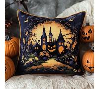 WallustrioaW Halloween Kreuzstich Kissen,11CT Sticken Set,Kürbisnachtszene,Sticksets Für Erwachsene,Anfänger,Kreuzstichkissen/Stickkissen-Set,45x45cm