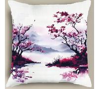 WallustrioaW Japanischer Stil Kreuzstich Kissen,11CT Sticken Set,Pflaumenblütenzweig,Sticksets Für Erwachsene,Anfänger,Kreuzstichkissen/Stickkissen-Set,45x45cm