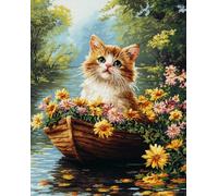 WallustrioaW Stickset für Anfänger,Katze im Blumenboot,11CT Kreuzstich Stickpackung,DIY Kreuzstich Handarbeit Stickerei,Geschenk für Heimdekoration,16x20in