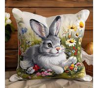 WallustrioaW süßer Hase Kreuzstich Kissen,11CT Sticken Set,Blumen,Sticksets Für Erwachsene,Anfänger,Kreuzstichkissen/Stickkissen-Set,45x45cm