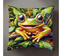 WallustrioaW Tropische Zweige Kreuzstich Kissen,11CT Sticken Set,Frosch mit großen Augen,Sticksets Für Erwachsene,Anfänger,Kreuzstichkissen/Stickkissen-Set,45x45cm