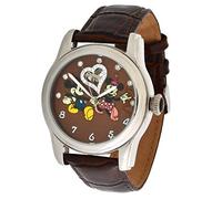 Walt Disney Automatikuhr Edelstahl 3ATM Mickey & Minnie Mouse Swarovski-Steine und braunen Lederarmband