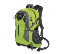 Wanderrucksack,Trekkingrucksack, Radrucksack, Outdoorrucksack in gut sichtbarem hellgrün, ausgestattet mit vielen Fächern mit Flaschen Halterungen auf der Seite sowie einem Bauch und Brustgurt