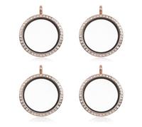 WANDIC Strass Foto Charm, 4 Stück rund Rose Gold Kristall Foto Anhänger Braut Hochzeit Bouquet Charms Memory Medaillon für 2 Bilder