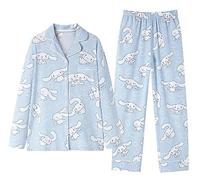 WANHONGYUE Damen Cute Cartoon Pyjamas with Button Placket Long Sleeve Shirt with Pyjama Bottoms Sleepwear Loungewear Pyjamas Set Two Piece Leisure Suit Blau-1 M