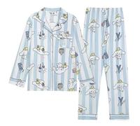 WANHONGYUE Damen Cute Cartoon Pyjamas with Button Placket Long Sleeve Shirt with Pyjama Bottoms Sleepwear Loungewear Pyjamas Set Two Piece Leisure Suit Blau-2 XL