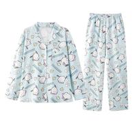 WANHONGYUE Damen Cute Cartoon Pyjamas with Button Placket Long Sleeve Shirt with Pyjama Bottoms Sleepwear Loungewear Pyjamas Set Two Piece Leisure Suit Blau-3 L