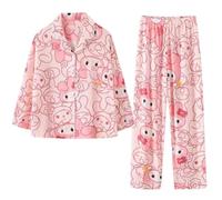 WANHONGYUE Damen Cute Cartoon Pyjamas with Button Placket Long Sleeve Shirt with Pyjama Bottoms Sleepwear Loungewear Pyjamas Set Two Piece Leisure Suit Rosa-2 XXL
