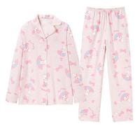 WANHONGYUE Damen Cute Cartoon Pyjamas with Button Placket Long Sleeve Shirt with Pyjama Bottoms Sleepwear Loungewear Pyjamas Set Two Piece Leisure Suit Rosa-1 XL