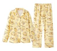WANHONGYUE Damen Cute Cartoon Pyjamas with Button Placket Long Sleeve Shirt with Pyjama Bottoms Sleepwear Loungewear Pyjamas Set Two Piece Leisure Suit Gelb L