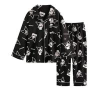 WANHONGYUE Damen Cute Cartoon Pyjamas with Button Placket Long Sleeve Shirt with Pyjama Bottoms Sleepwear Loungewear Pyjamas Set Two Piece Leisure Suit Schwarz XXL