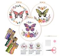 Wankd DIY-Stickset für Anfänger und Erwachsene, 3er-Set Schmetterling-Muster Kreuzstich-Set mit Bambus-Optik Stickrahmen und umfassendem Stick-Zubehör
