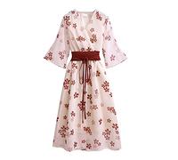 WANMN Vintage Floral Maxi Dress Women Summer Elegant Casual Japanese High Waist V-Neck Short Sleeve A-Line Flowy Mini Dress,Rosa,S