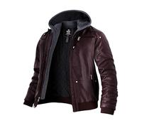 Wantdo Herren Kunstlederjacke Lederjacke Winter Gefüttert Lederjacke Abnehmbarer Kapuze Jacke Lang Kunstleder Weinrot M