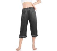 Wantschun Damen Capri Pyjama Hose Satin Silk Schlafanzughose Nachtwäsche Hose 3/4- lang Schwarz,Medium