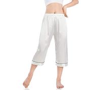 Wantschun Damen Capri Pyjama Hose Satin Silk Schlafanzughose Nachtwäsche Hose 3/4- lang Weiß,Medium