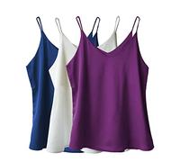 Wantschun Damen Satin Silk Weste Bluse Tank Tops Shirt Cami Spaghetti Träger Camisole Vest V-Ausschnitt Basic - 3-Pack:Weiß+Navy Blau+Lila ; M