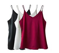 Wantschun Damen Satin Silk Weste Bluse Tank Tops Shirt Cami Spaghetti Träger Camisole Vest V-Ausschnitt Basic - 3-Pack:Schwarz+Weinrot+Weiß ; M
