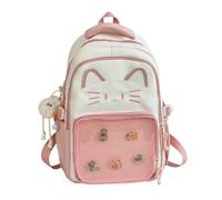 WANWEN Cute Kawaii Cat Ita Backpack with Pin Display, Kawaii Cat Ita Bag Backpack, Cute Transparent Y2k Style Cat Print Backpack, Travel School bag with Plush Charm & 5 Badges (Pink)