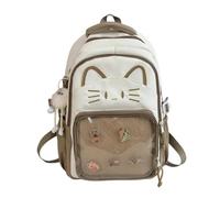 WANWEN Cute Kawaii Cat Ita Backpack with Pin Display, Kawaii Cat Ita Bag Backpack, Cute Transparent Y2k Style Cat Print Backpack, Travel School bag with Plush Charm & 5 Badges (Brown)