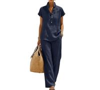 WANWEN Women’s Batwing Sleeve Linen Cotton Two-Piece Set - Casual Shirt & Wide Leg Pants Outfit, Linen Sets Shirt Suit for Women, Summer Casual 3/4 Batwing Sleeve Tops Pants (Dark blue,4XL)