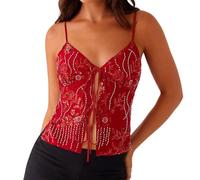 WANWEN Women Y2k Sequin Cami Top Sequin Tank Top V-Neck Low-Cut Front Tie Cropped Backless Glitter Camisole Sexy Sparkle Lace Up Crop Top Sexy V-Neck Open Back Criss Cross Strap Cropped Tank (RED,L)