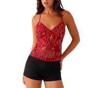 WANWEN Women Y2K Sequin Cami Top Sexy V Neck Open Back Criss Cross Straps Beaded Sequin Halter Top Womens Glitter Sexy Deep V Neck Sequin Beaded Halter Top (RED,M)