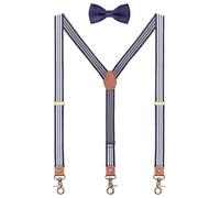 WANYING 2,5cm Hosenträger Fliege Sets für Damen Herren | Y Form Retro PU Leder Hummer Verschluss Hosenträger Elastisch Verstellbar für Körpergröße 150-200cm - Gestreift Weiß Dunkelblau