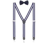 WANYING Herren Jugendliche 2,5cm Breit Y-Form 3 Clips Hosenträger & Fliege 2 in 1 Set Casual Business Party Hochzeit - Gestreift Weiß & Dunkelblau