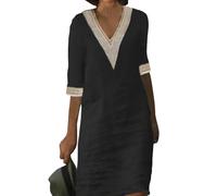 Warehouse Deals Angebote Kleid Hochzeitsgast Damen Strandkleid Damen luftig Baumwolle Leinen Einfarbig Spitze V-Ausschnitt Kurze Ärmel Bluse Kleid Strandkleid (Schwarz, XXL)